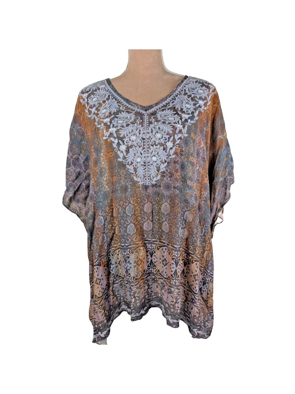 John Mark Embroidered Blue Orange Velvet Burnout Mixed Media Tunic Poncho Top L